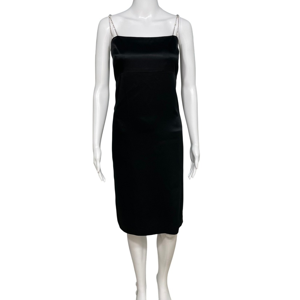 90's Vintage Black Rhinestone Strap Midi Slip Cocktail Party Satin Dress Size 6